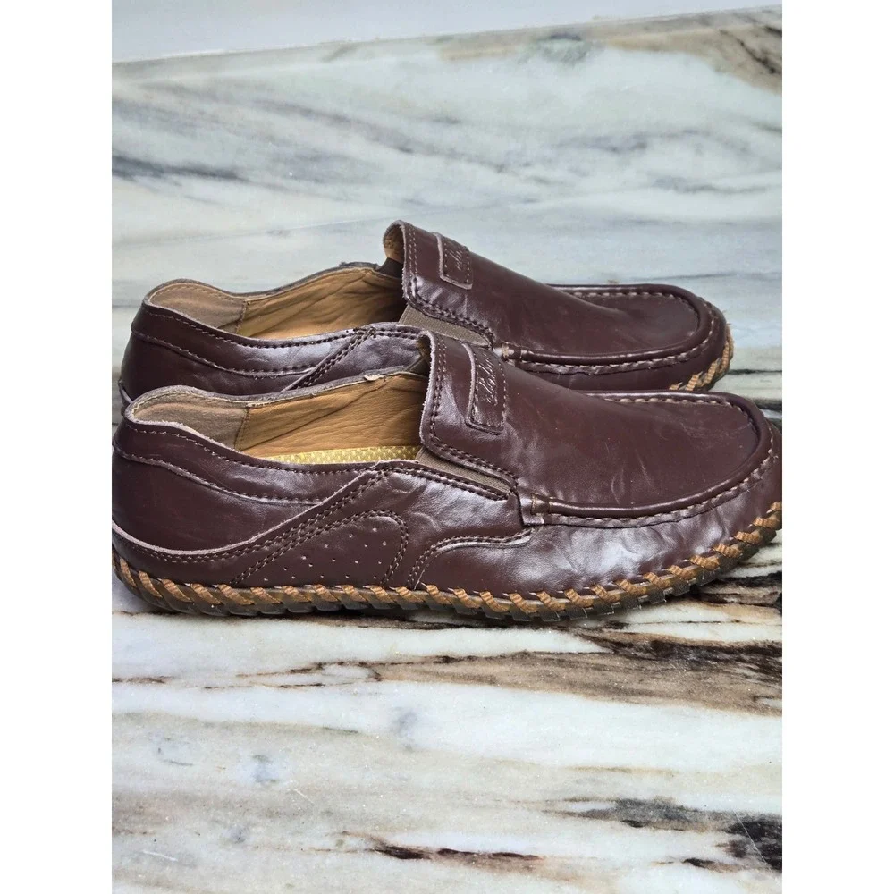 Dohko Mens Brown Leather Driving Loafers Slip On Whipstitch Moc Toe Shoes 9.5